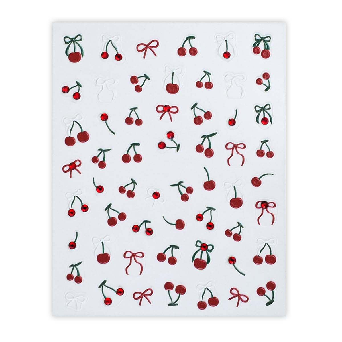 S.A.V.I 2 Sheets - 3D Cherry & Bow Nail Art Stickers | Red & Green Rhinestone Gel Resin Self-Adhesive DIY Decals | for Manicure & Nail Decoration