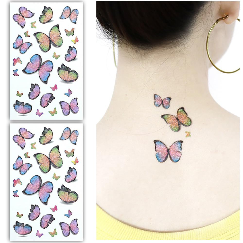 S.A.V.I 2pcs Glitter Butterfly Temporary Tattoo Stickers - Multicolor Sparkly Tattoos (Pink, Purple, Green, Orange) - Waterproof  Skin Safe - Long-lasting Tattoos for Women  Kids - Parties  Festivals
