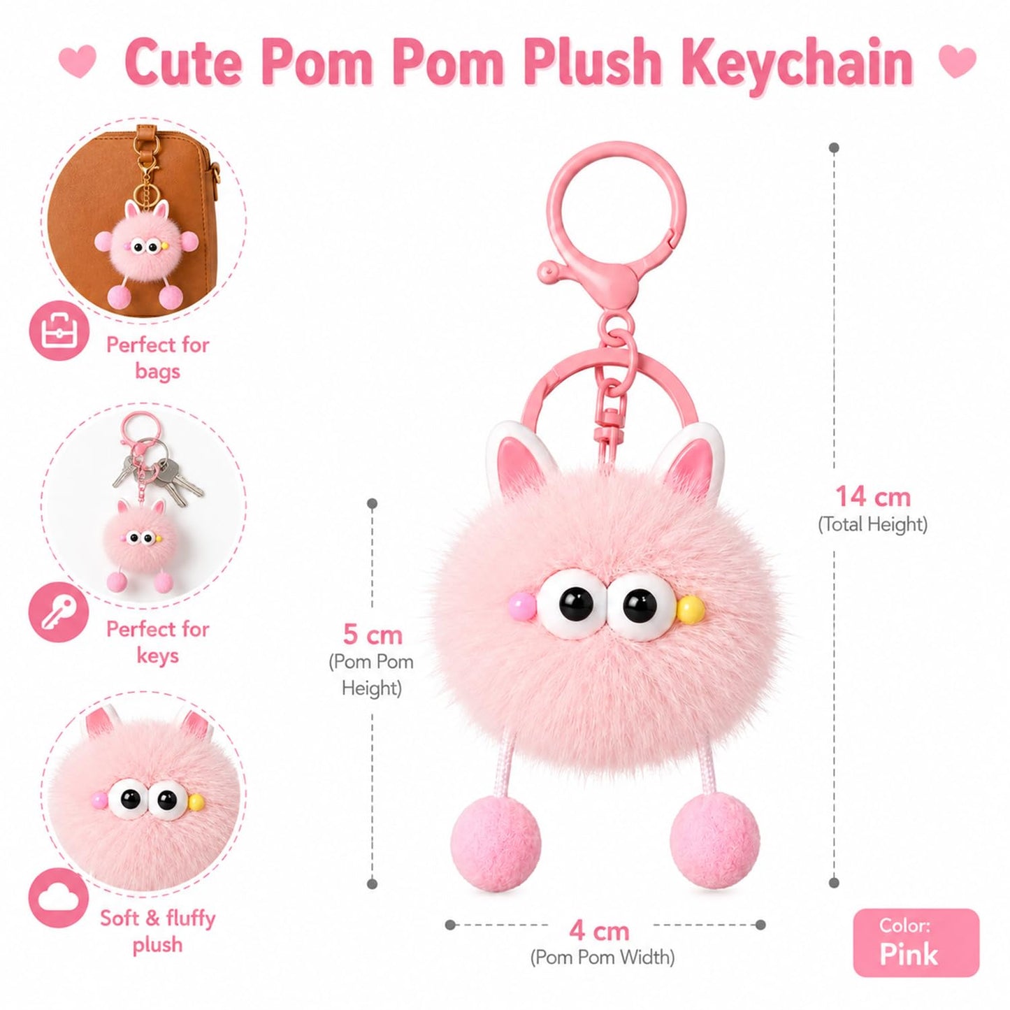 S.A.V.I Cute Plush Pom Pom Keychain for Bags & Keys, Pink Bunny Charm, Soft Faux Fur, 14 x 4 cm Hanging Accessory, Lightweight Gift for Women Girls, Backpack Purse Car Key Ring