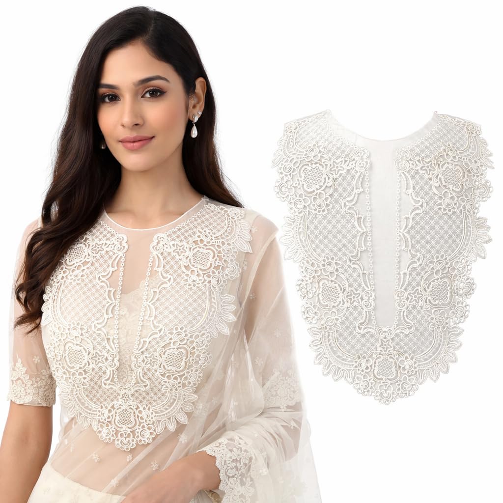 S.A.V.I White Floral Embroidered Lace Applique Neckline Patch 30 x 36 cm | Premium Mesh U-Neck for Gowns, Kurtis, Dresses & Ethnic Wear Sewing (Plain)