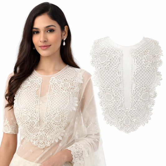 S.A.V.I White Floral Embroidered Lace Applique Neckline Patch 30 x 36 cm | Premium Mesh U-Neck for Gowns, Kurtis, Dresses & Ethnic Wear Sewing (Plain)