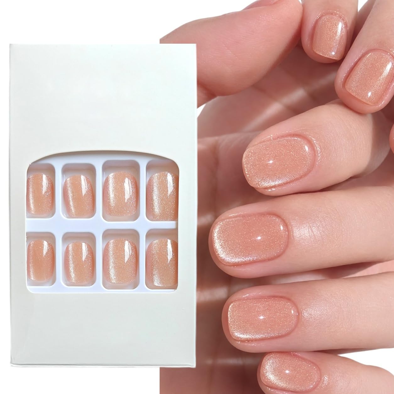S.A.V.I Press on Nails Short Square Peach Champagne Shimmer 24 Pcs
