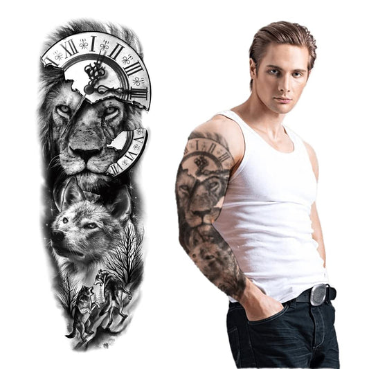 S.A.V.I Full Arm Tattoo, Broken Clock, Lion, Wolf Temporary Tattoo Sticker, Size 48x17CM