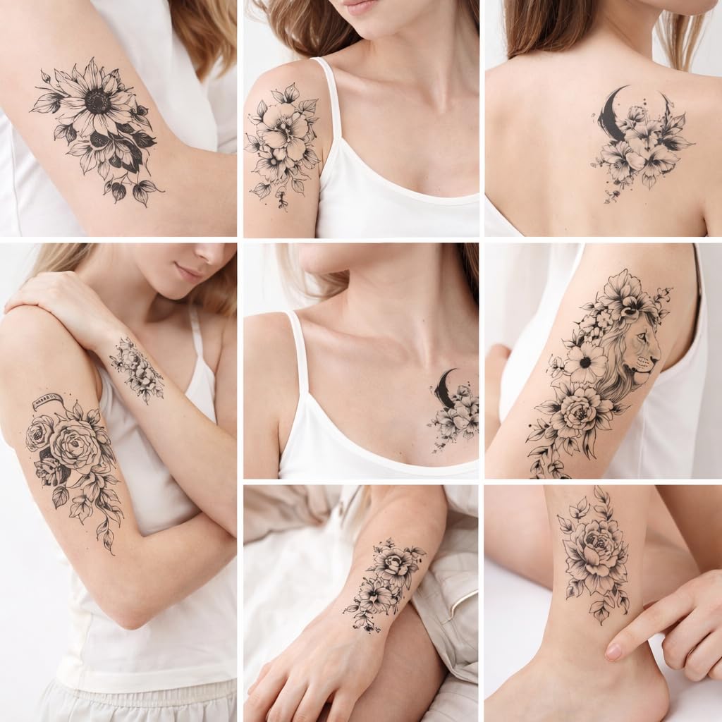 S.A.V.I 10 Pieces - Black Floral & Lion Temporary Tattoo Set for Women & Girls Large 19x9.6 cm | Realistic Fine Line Body Art for Arm, Shoulder, Chest | Waterproof, Safe, Non-Toxic, Easy Application