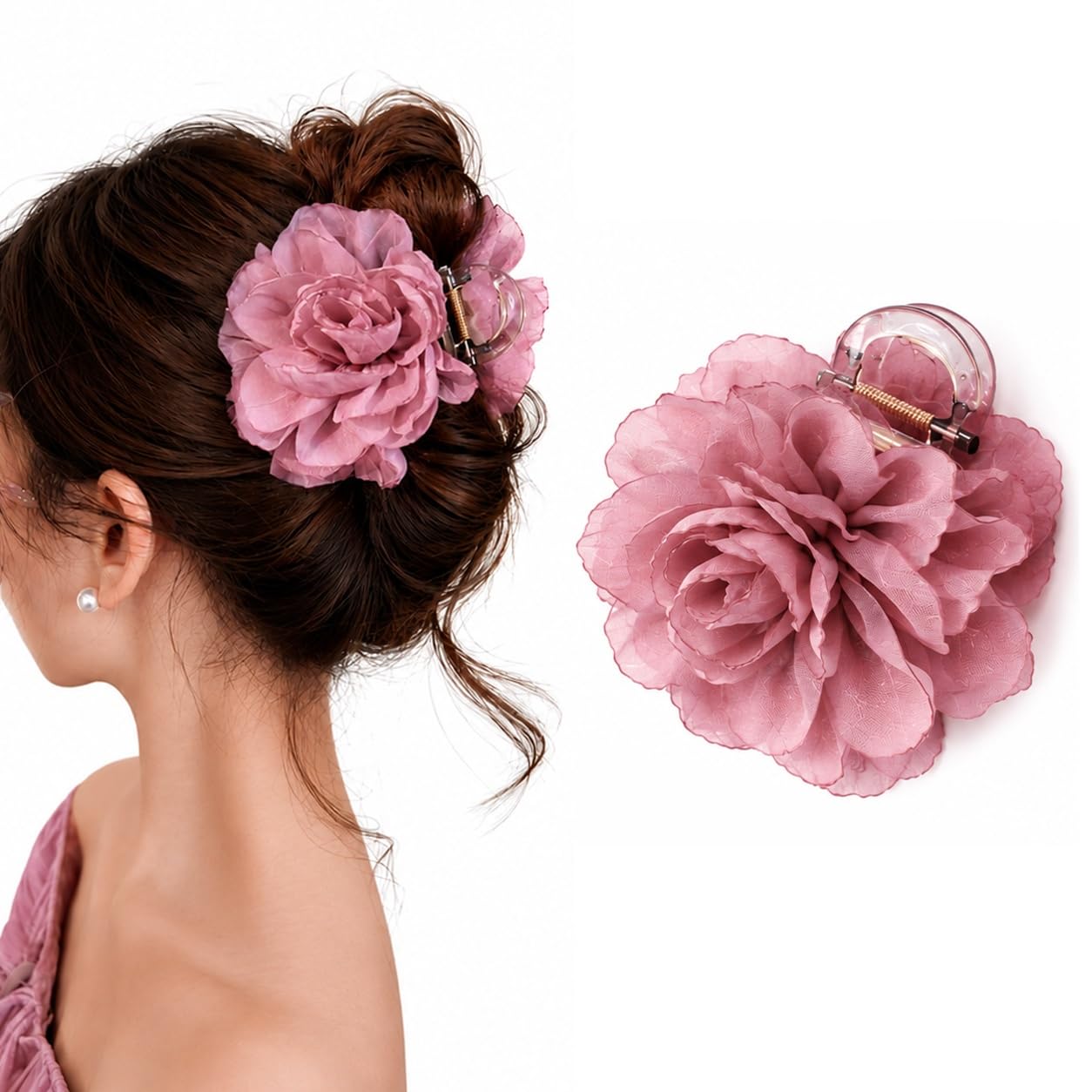 S.A.V.I Floral Claw Clip for Women 8 cm Dusky Rose Hair Clip | Strong Hold, Lightweight, Half & Full Updos, Comfortable Wear, For Girls & Parties