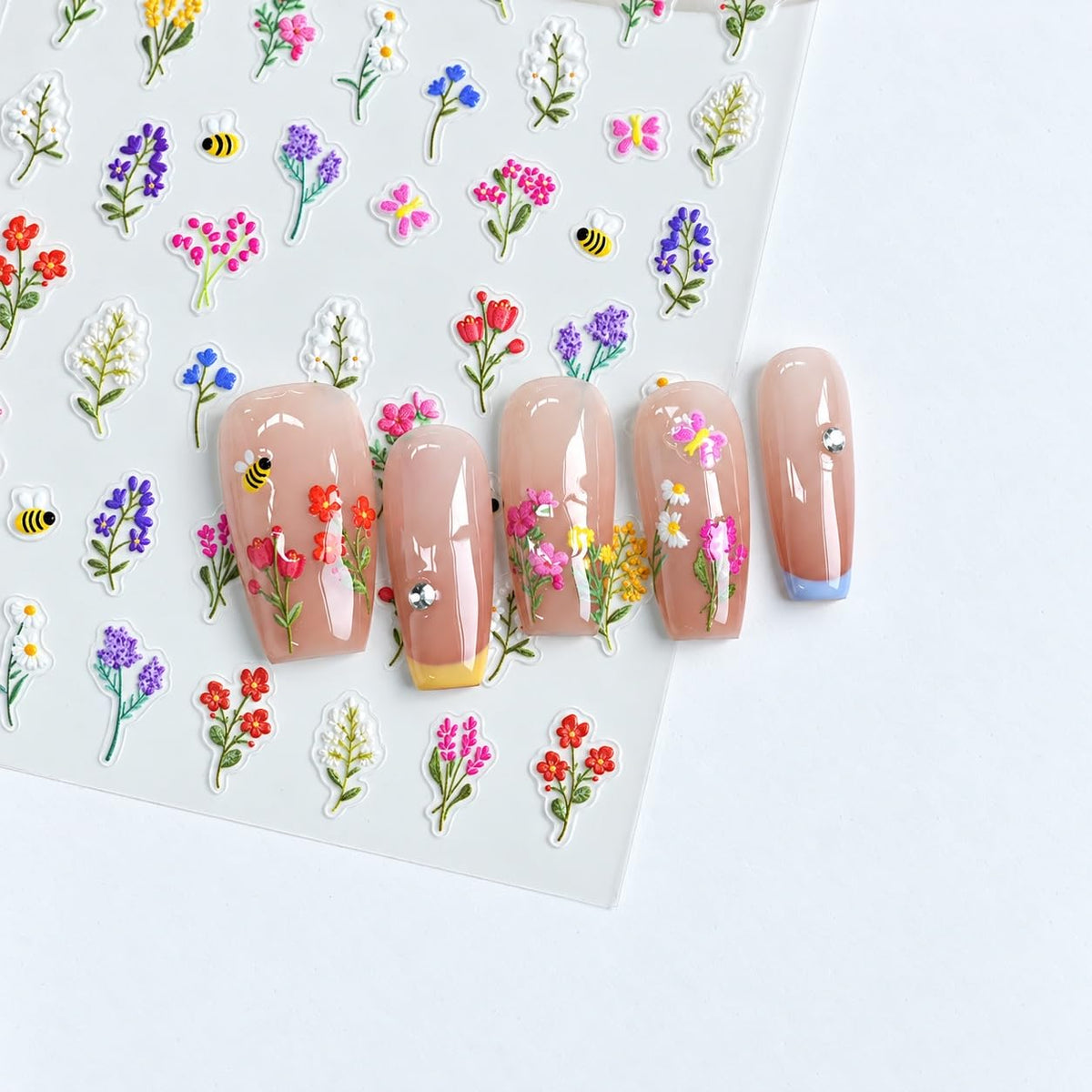 S.A.V.I 5D Nail Art Stickers Wildflower Floral Designs, Set of 3 | Self-Adhesive Decals, 7 x 9 cm Sheets, DIY Manicure, Women & Girls, Multicolour Blossoms