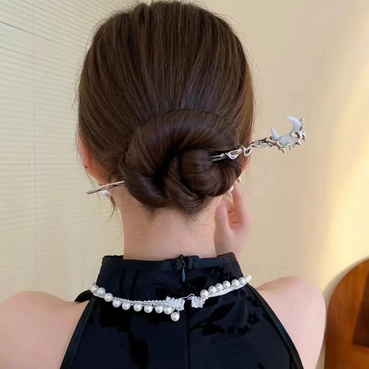 S.A.V.I Silver Metal Hair Stick for Women | 16.5cm Elegant Hair Pin for Bun | Moon Design Juda Stick | Traditional & Party Hair Accessory for Girls & Ladies