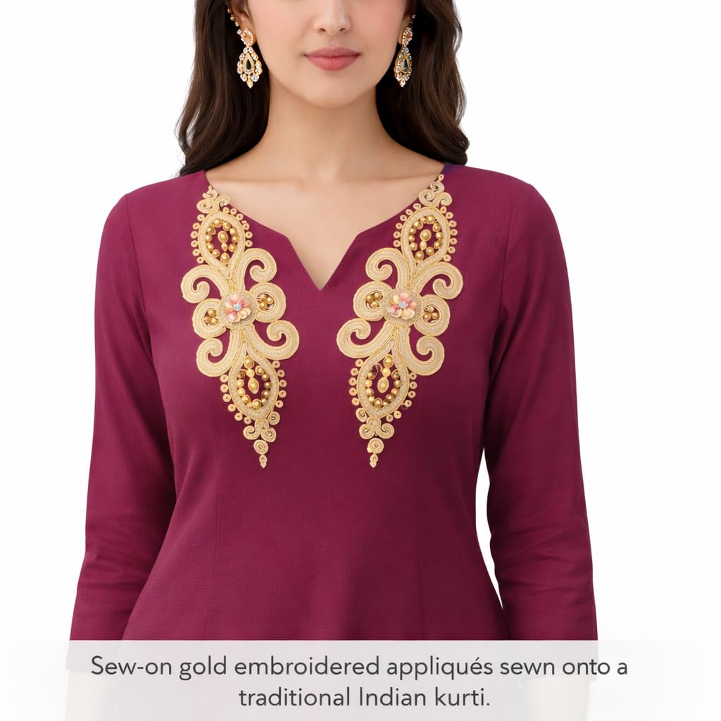 S.A.V.I Pair of Gold Embroidered Sew-On Applique 11 x 35 cm, Floral Paisley Design with Beads & Sequins, Fabric Patch for Blouse, Kurti, Gown & Saree Neckline (Golden)