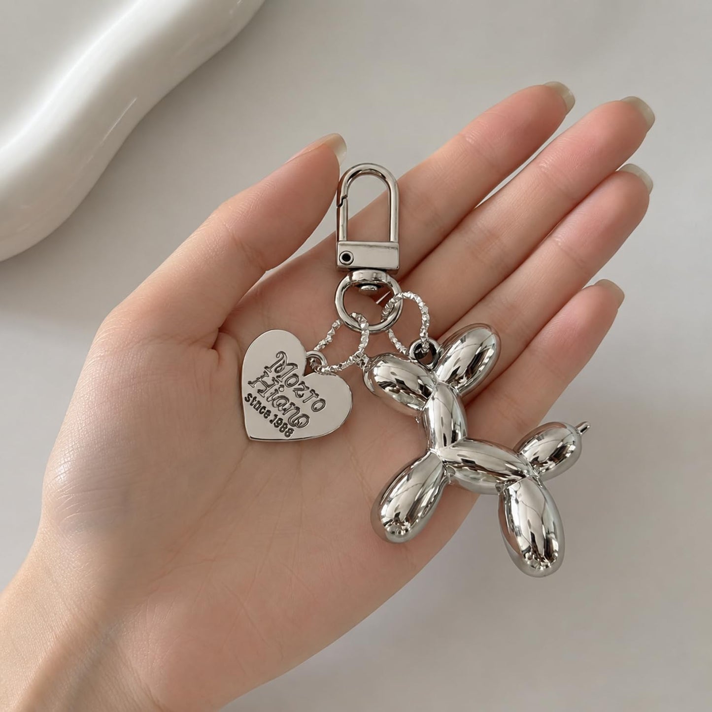 S.A.V.I Balloon Dog Keychain Silver Metal Bag Charm Key Ring Pendant, Cute mirror-finish accessory with lobster clasp for handbags, backpacks & car keys; stylish gift for women, girls & teens.
