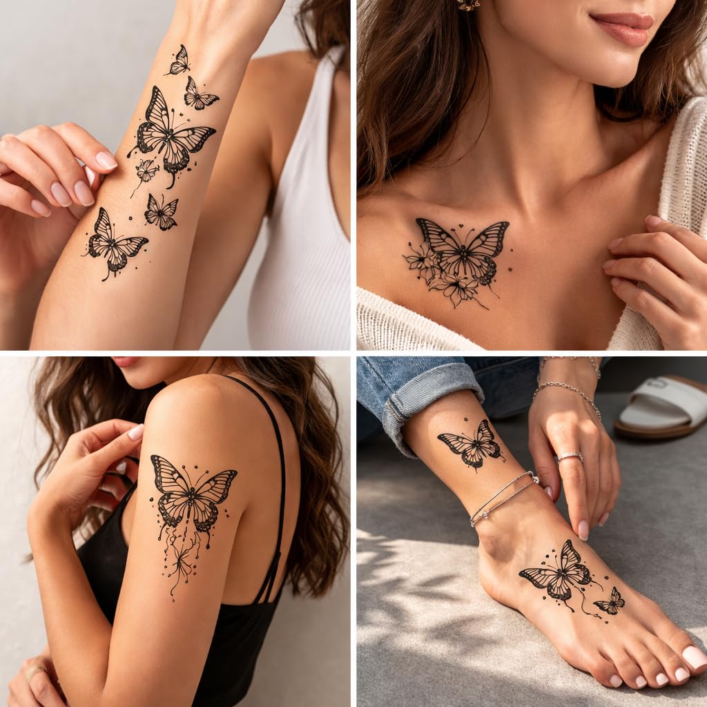S.A.V.I Black Butterfly Temporary Tattoo Stickers for Women & Girls – 10 Sheets (12x6.8 cm) Floral Flying Design, Waterproof, Non-Toxic Safe Body Art for Hand, Arm, Shoulder & Ankle – Realistic Fine Line (#324)