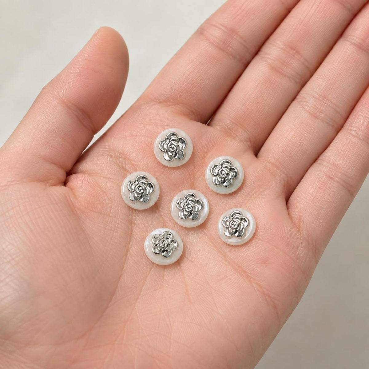 S.A.V.I Silver Camellia Shank Buttons for Kurti, 11mm, Set of 6 | White Pearl-Look, Floral Design, For Blouse & Dress, Craft Projects, Decorative Embellishments