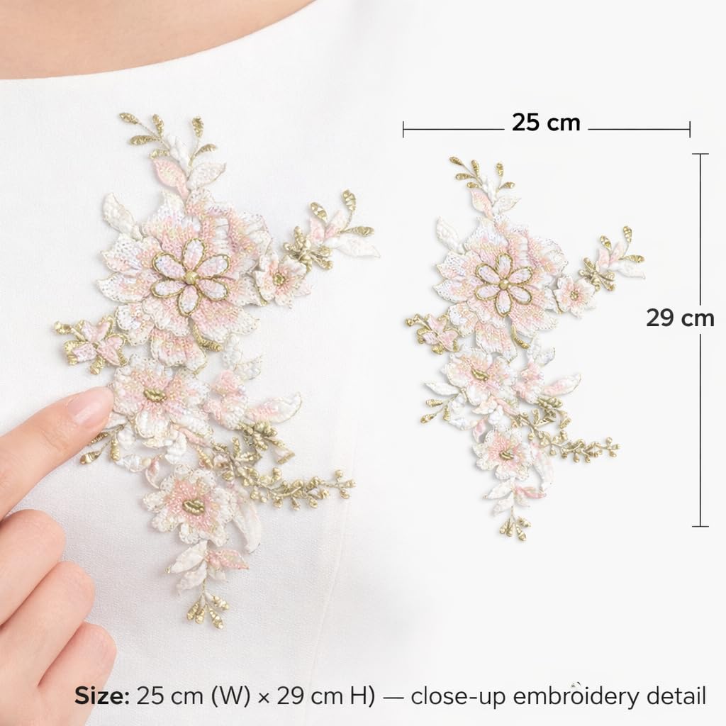 S.A.V.I Light Pink Floral Embroidered Applique Sew-On Patch 25x29 cm, Organza Lace with Gold Thread, 3D Flower Design for Blouse, Lehenga, Gown & Dress Decor (Light Pink)