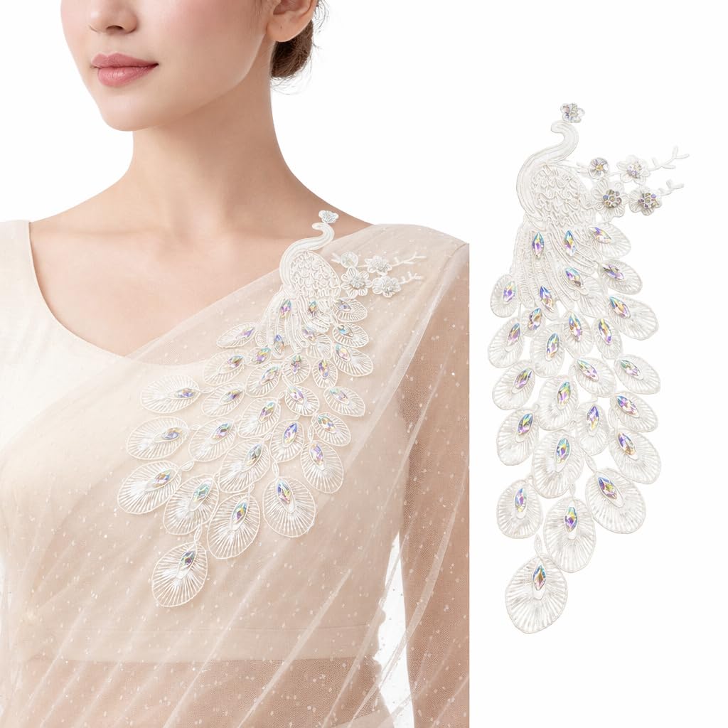 S.A.V.I White Peacock Embroidered Sew-On Applique Patch 14 x 30 cm with Crystal Stones, Net Fabric Motif for Saree, Blouse, Kurti & Gown Decoration (Right, White, OneSize)