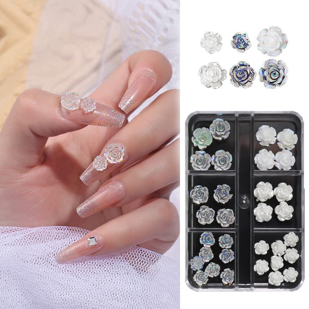 S.A.V.I 6-Grid 3D White  Clear Rose Nail Art Decorations - DIY Manicure Accessory Kit for Women  Girls