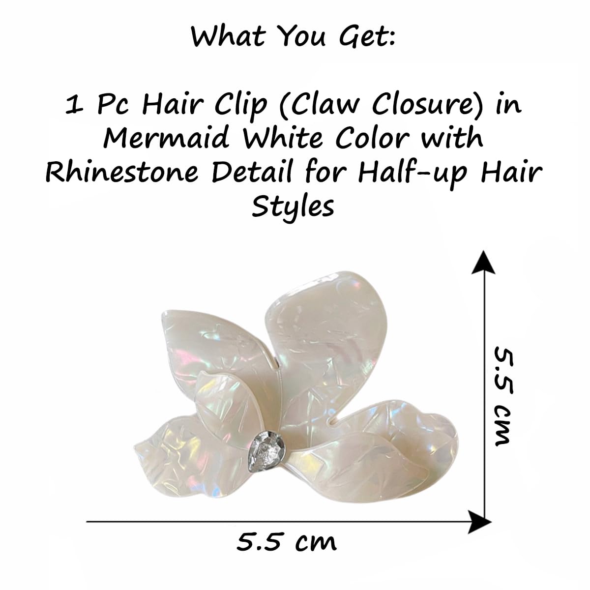 S.A.V.I Mermaid White Butterfly Hair Claw Clip 5.5 cm with Rhinestone Accent, Iridescent Acrylic Floral Design, Strong Grip Hair Accessory for Women & Girls, Half-Up Hairstyle