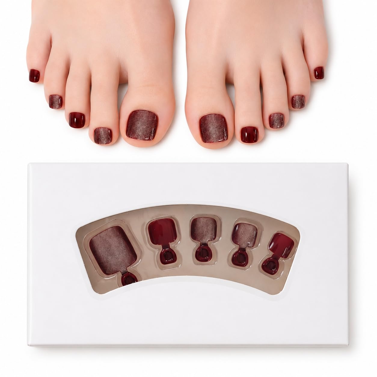 S.A.V.I Wine Red Cat Eye Press on Toenails 24 Pcs | Glossy Square False Toe Nails with Glue & Adhesive Tabs, Natural Fit, DIY Pedicure Kit for Women