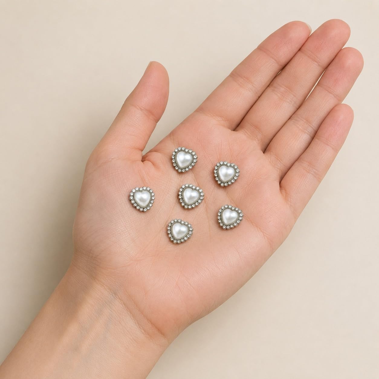 S.A.V.I Pearl Heart Rhinestone Shank Buttons Silver Tone 12mm | Set of 6, DIY Garment Crafts, For Blouses & Shirts, Decorative Fasteners
