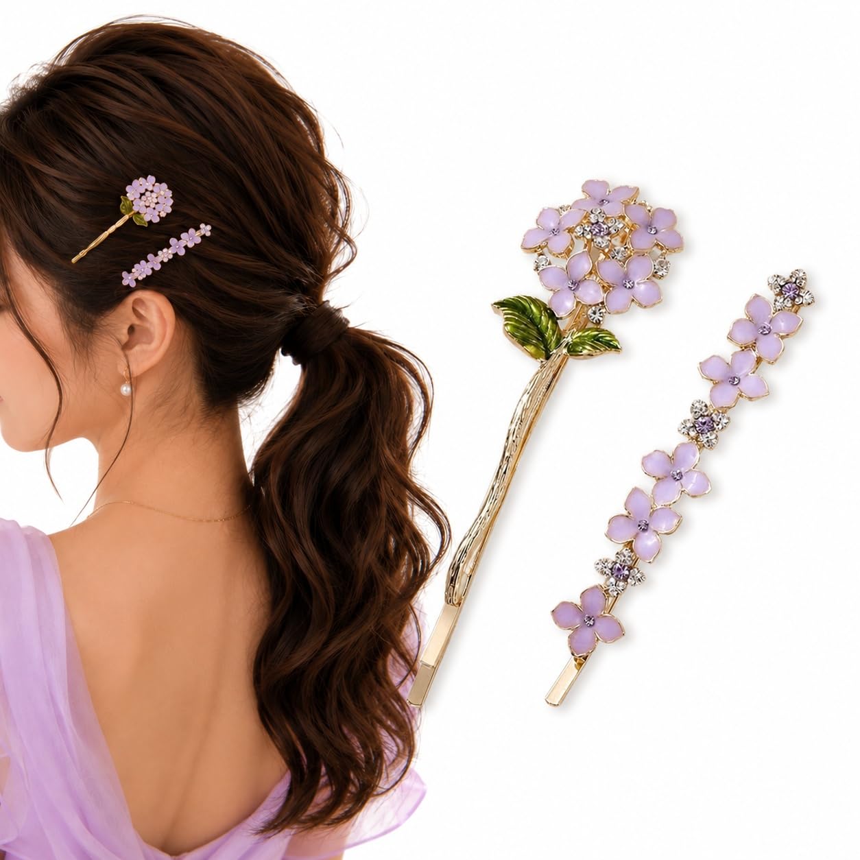 S.A.V.I Lavender Rhinestone Alloy Floral Hair Pins, 9 cm | Set of 2, Bobby Clips, Secure Hold, Women & Girls, Parties & Weddings