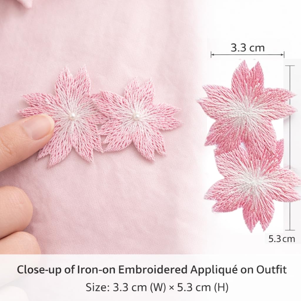 S.A.V.I Pink Floral Embroidered Iron-On Appliqué Patch, Double Cherry Blossom Design, Soft Thread Work for Dresses, Blouses, Lehengas & DIY Crafts, 5.3 x 3.3 cm (Pink)