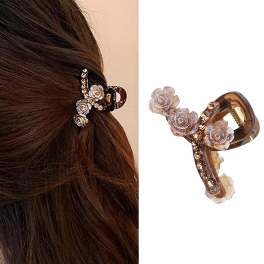 S.A.V.I Mini Brown Hair Claw Clip for Women & Girls – Small Rose Flower Crystal Design – Elegant Decorative Hair Accessory – Stylish Strong Grip Hair Holder for Daily Use & Party