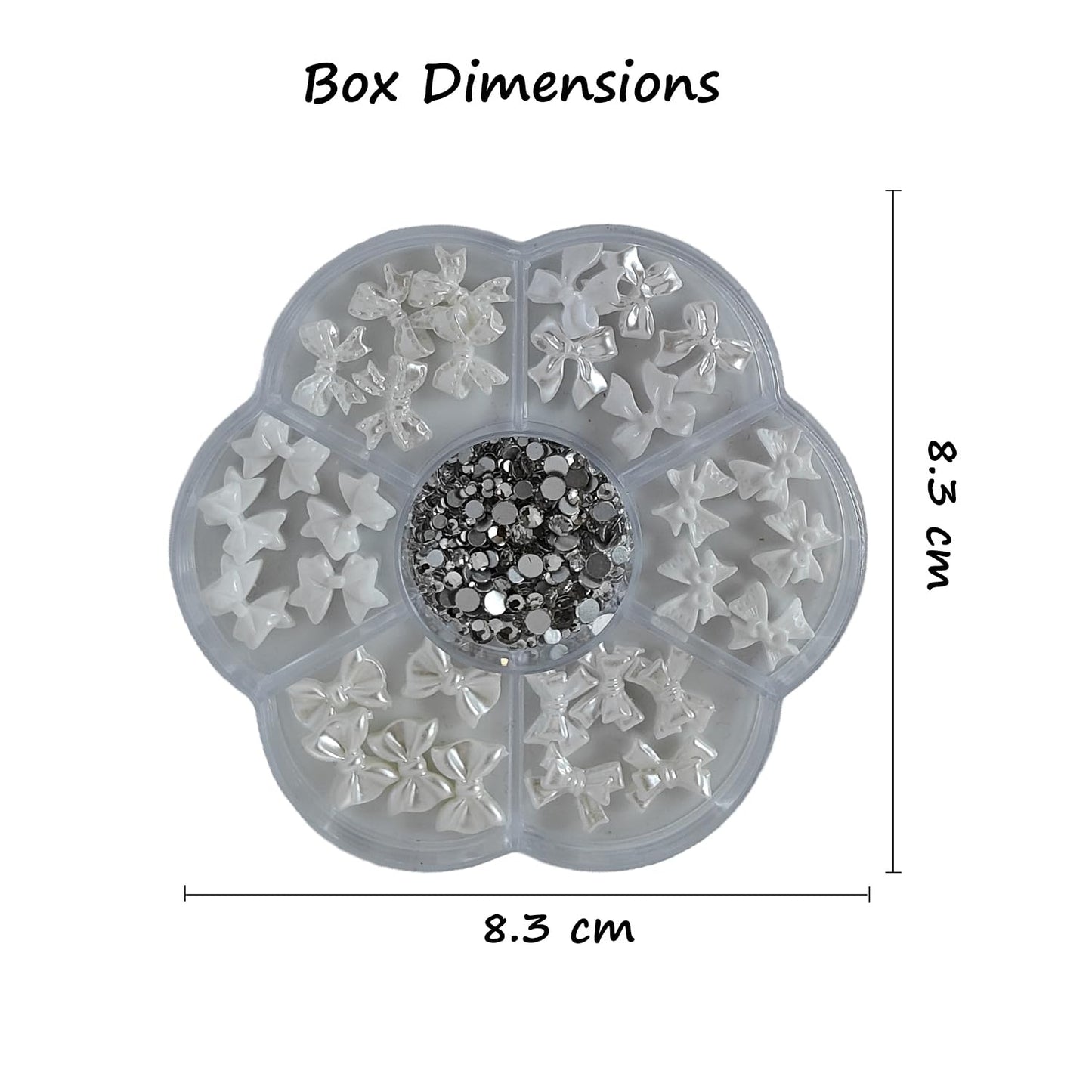 S.A.V.I 3D White Bowknot Nail Art Charms Set – 30 Pcs Glossy Resin Acrylic Bows with Flat-Back Rhinestones, Mixed Designs, Round 7-Section Storage Box (8.3 cm)