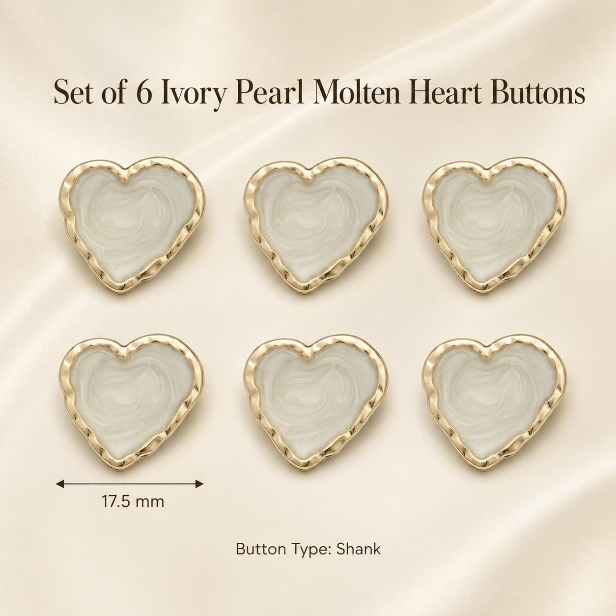 S.A.V.I Heart Sewing Buttons Shank Style 17.5mm Ivory Pearl with Gold-Tone | Set of 6, Decorative Fasteners, For Dresses & Blouses, DIY Crafts, Gold-Tone Edging