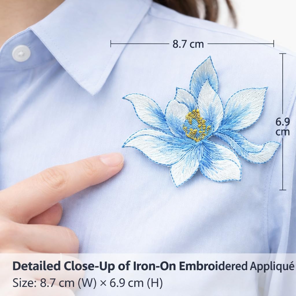 S.A.V.I Blue Lotus Flower Iron-On Embroidered Appliqué Patch 8.7 x 6.9 cm | Fabric Floral Motif for Dresses, Kurtis, Sarees, Blouses & DIY Garment Decoration (Blue)