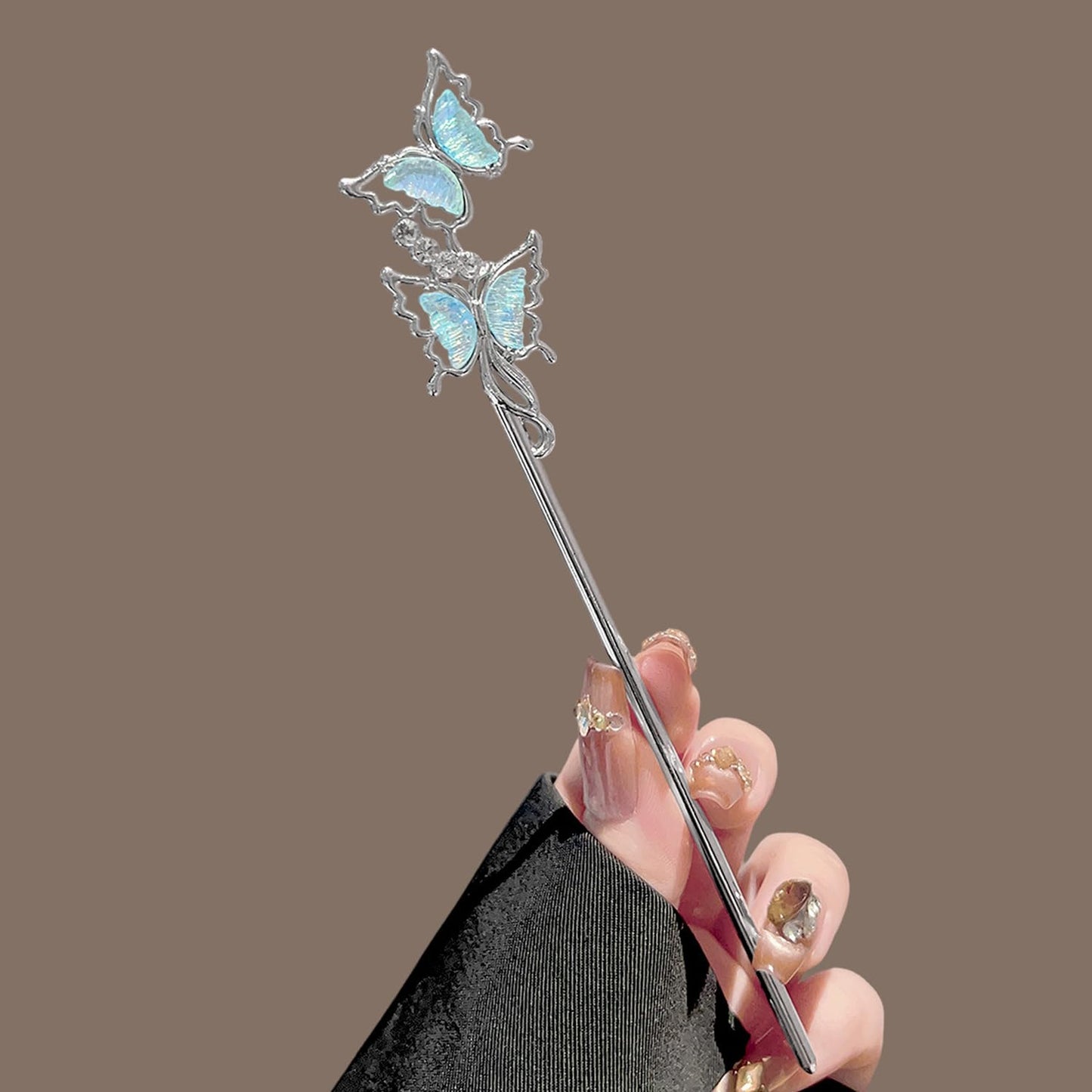 S.A.V.I Moonstone Butterfly Hair Stick Silver Blue 18 cm, Silver-Blue Alloy Bun Accessory, Lightweight, Elegant Updo Holder for Daily, Parties & Festive Looks