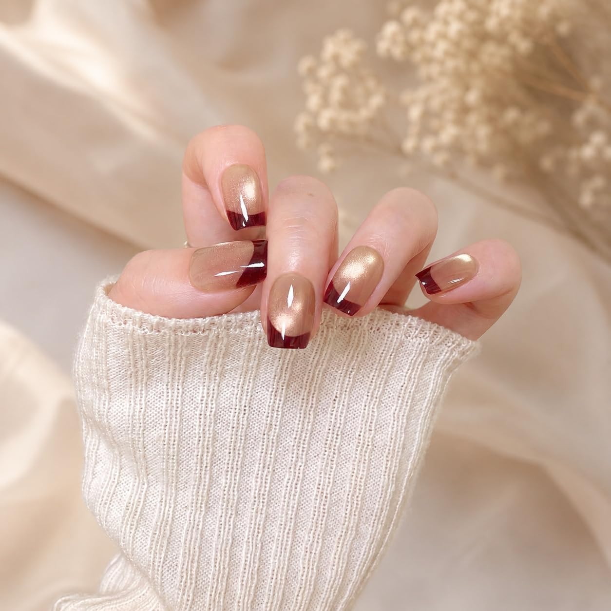 S.A.V.I Press on Nails Dark Wine Cat Eye French Tip, 30 Pcs