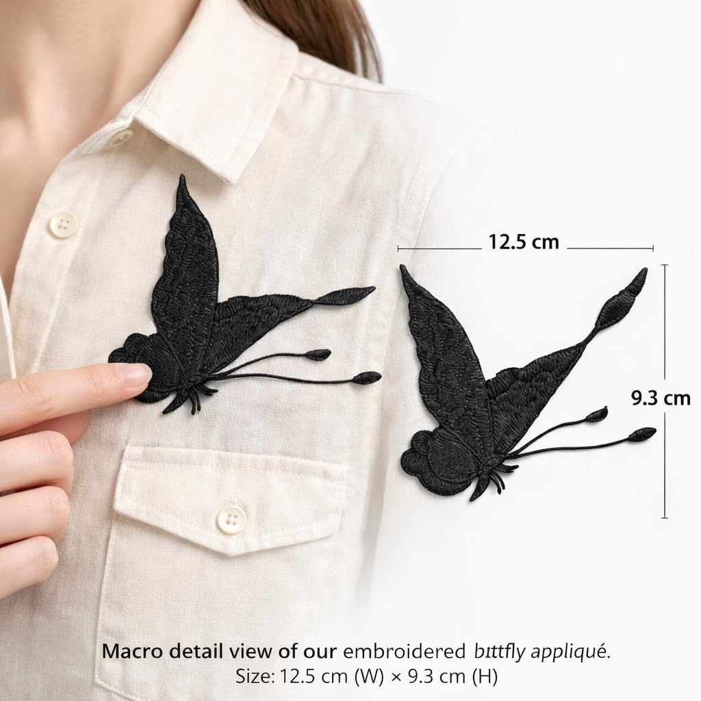 S.A.V.I Black Embroidered Butterfly Applique Patch Pair (Left & Right), Sew-On Fabric Motif 12.5 x 9.3 cm, Thread Work for Dresses, Shirts, Denim, DIY Fashion (Black)