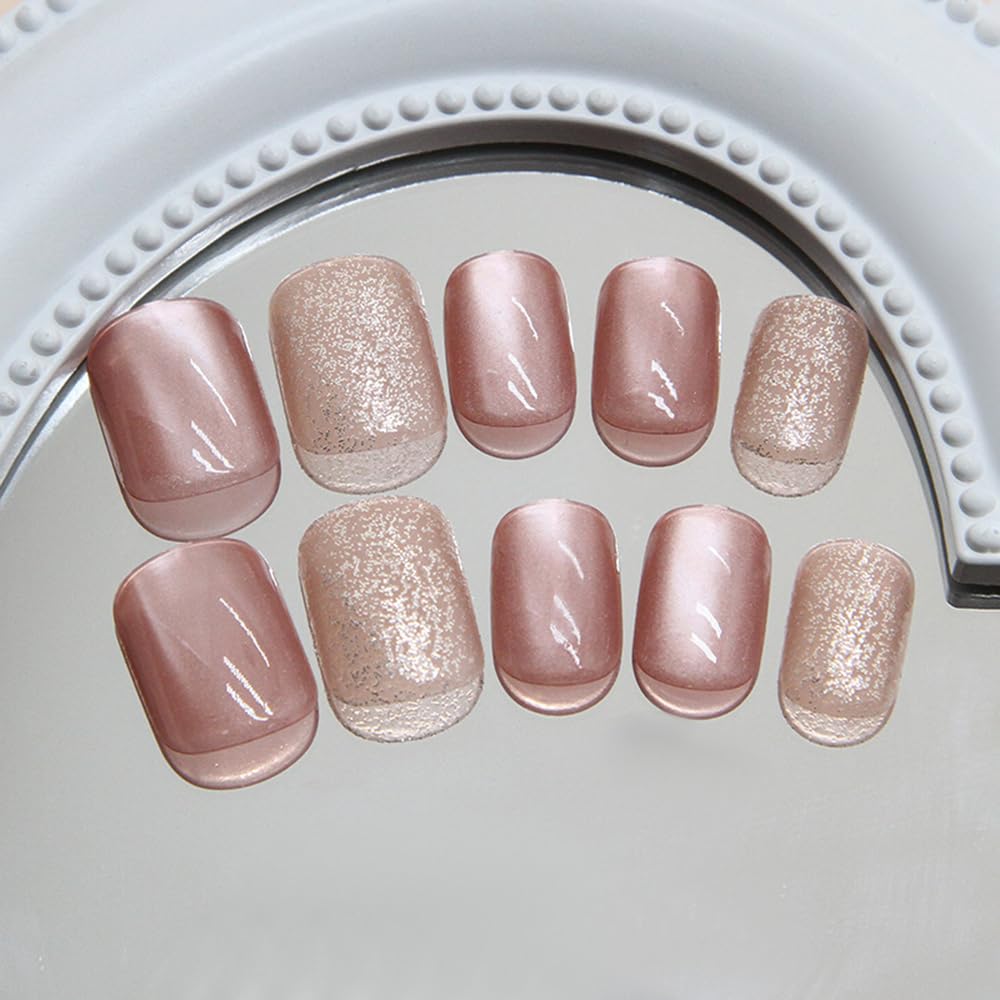 S.A.V.I 24 Pcs Nude Cat's Eye Glossy & Glitter Press On Nails | Short Square Fake Nails with Glue & Adhesive Tabs | Reusable Natural Nail Tips for Women & Girls | DIY Manicure Kit at Home