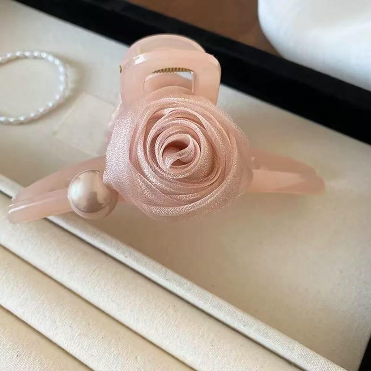 S.A.V.I Elegant Large Hair Claw Clip for Women | 13 cm Floral Rose Design with Pearl Accent | Matte Finish Strong Grip Clutcher for Thick Hair | Stylish Pink Jaw Hair Accessory
