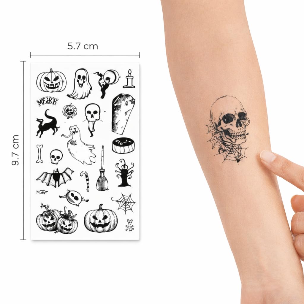 S.A.V.I 30 Sheets Halloween Temporary Tattoos for Women & Kids – Waterproof Non-Toxic Body Art Stickers 5.7x9.7 cm | Skull, Pumpkin, Ghost & Bat Designs for Festival, Party Favors (#319)