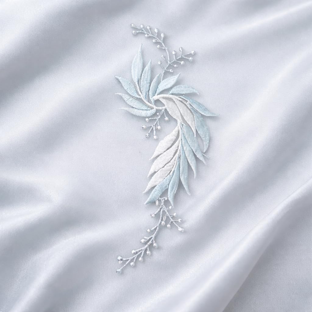 S.A.V.I White Blue & Silver Floral Iron-On Embroidered Appliqué Patch 7.5 x 17 cm | Leaf Motif Threadwork Design for Dresses, Sarees, Blouses & DIY Fabric Craft (Right, White-Blue, 7.5 x 17 cm)