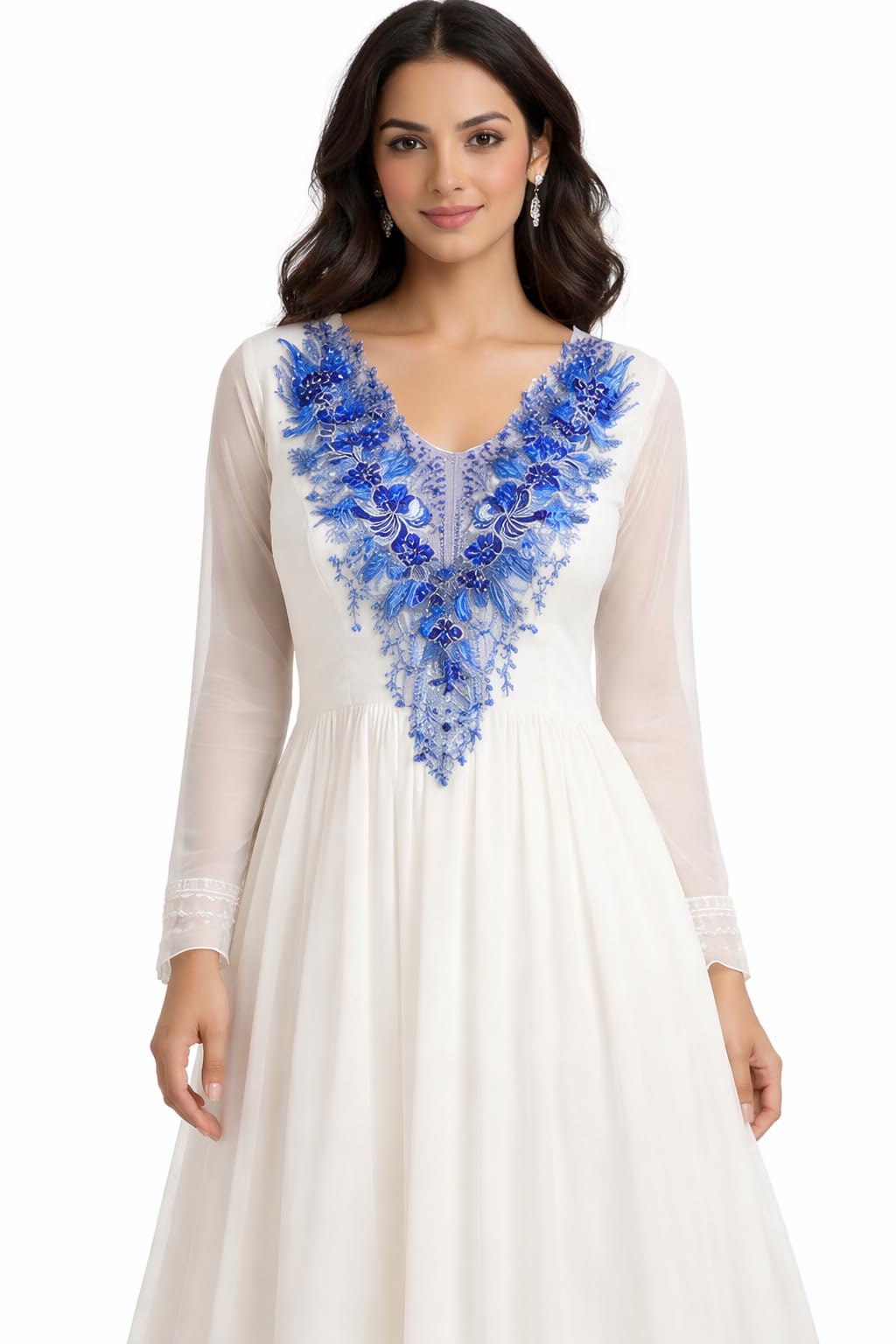 S.A.V.I Royal Blue Floral Appliqué Patch 28 x 55 cm | V Neck Triangle Design | Net Mesh Beaded Lace Motif for Blouse, Lehenga Choli, Anarkali & Gown (Royal Blue)