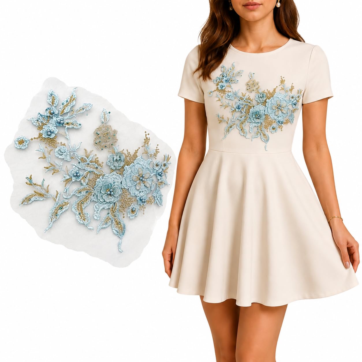 S.A.V.I Floral Embroidery Applique Patch Sew-On Cyan 36x25 cm|DIY Lace Motif With Beadwork For Dresses, Kurtas, Blouses & Tops; Custom Garment Embellishment, 1 Piece