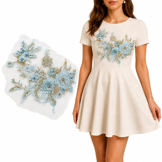 S.A.V.I Floral Embroidery Applique Patch Sew-On Cyan 36x25 cm|DIY Lace Motif With Beadwork For Dresses, Kurtas, Blouses & Tops; Custom Garment Embellishment, 1 Piece