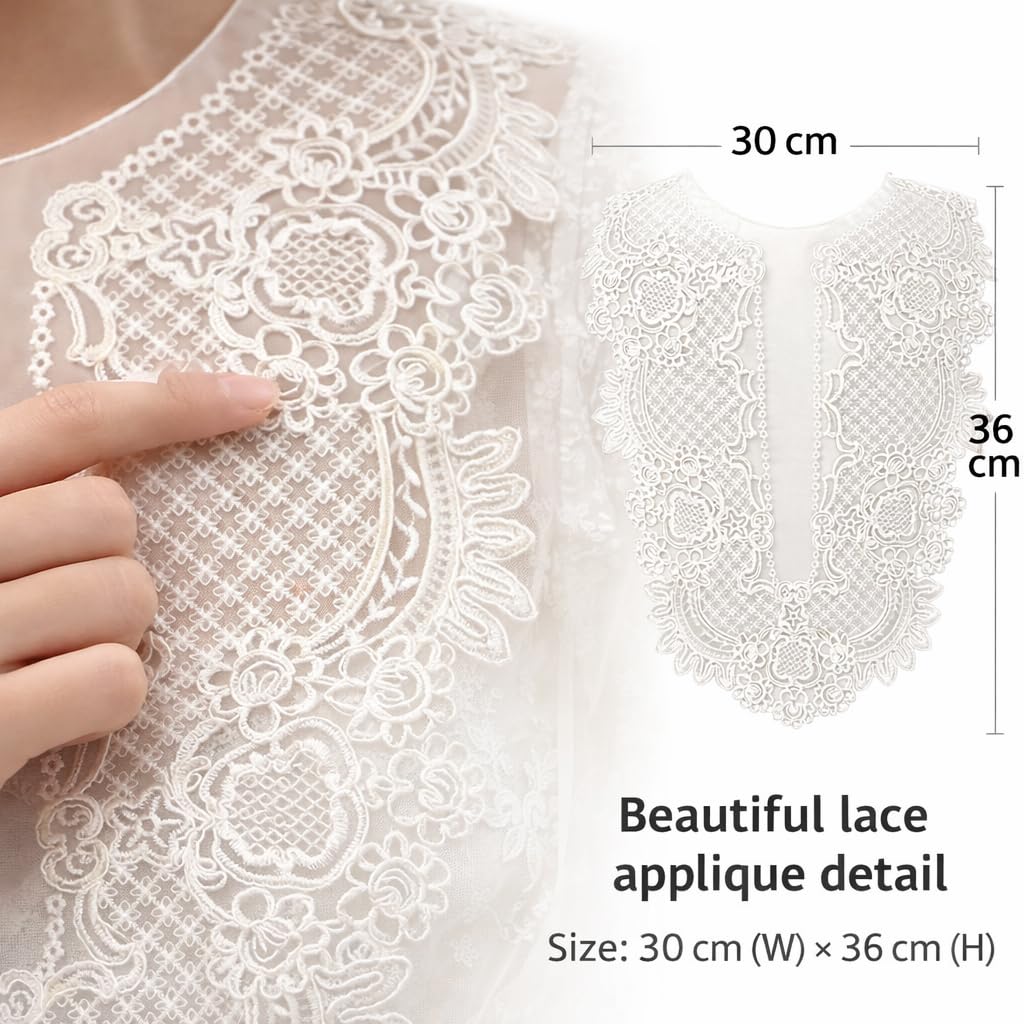 S.A.V.I White Floral Embroidered Lace Applique Neckline Patch 30 x 36 cm | Premium Mesh U-Neck for Gowns, Kurtis, Dresses & Ethnic Wear Sewing (Plain)