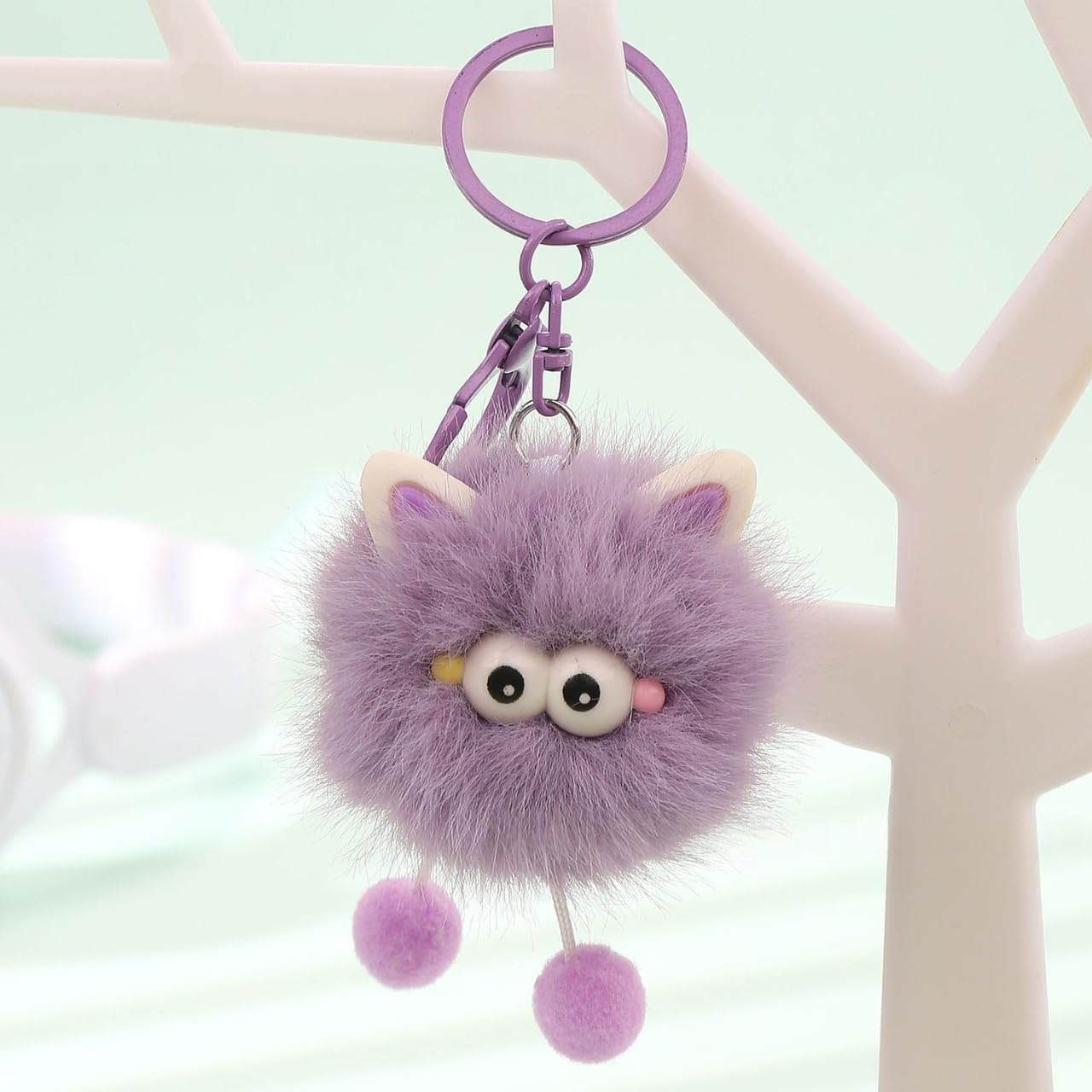 S.A.V.I Pom Pom Plush Keychain for Women Girls Faux Fur Purple, Kawaii Bunny Design, 14 cm, Lightweight Faux Fur Accessory for Handbags, Backpack, Purse & Keys, Gift Choice