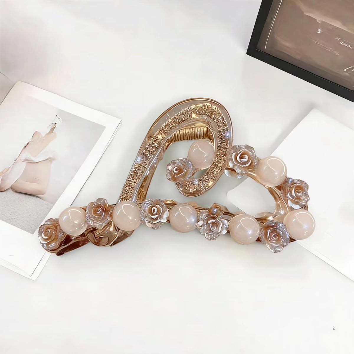 S.A.V.I Champagne Gold Floral Hair Claw Clip for Women, 12 cm Large Acrylic Clutcher with Rose Pearl Beads & Rhinestone, Strong Grip Bun Holder Hair Accessory for Party Daily