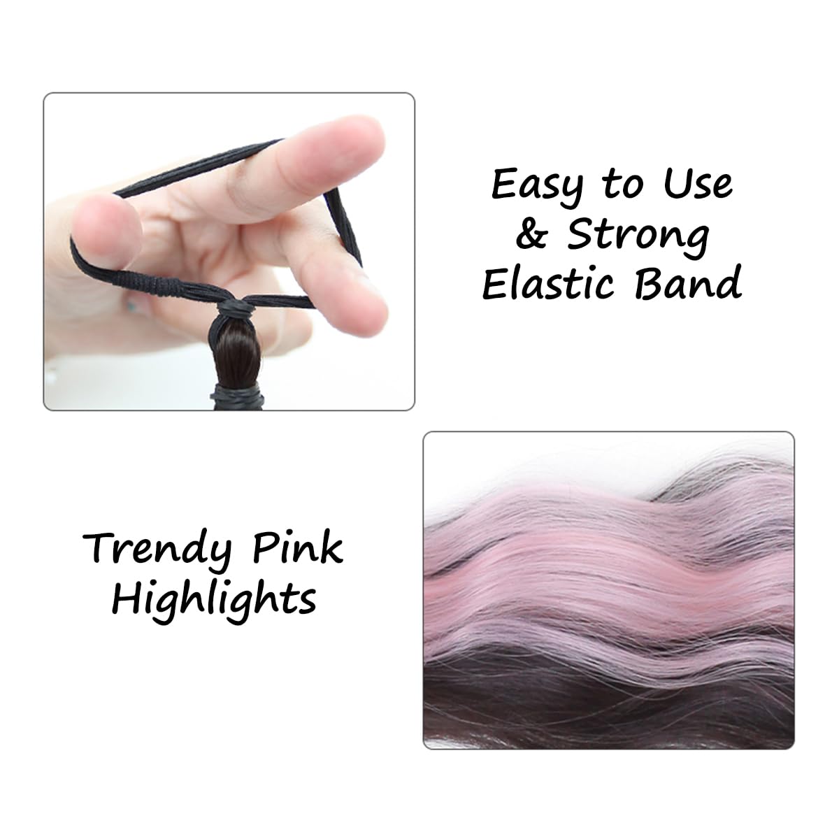 S.A.V.I Black & Pink Highlight Ponytail Hair Extension for Women & Girls | 55 cm Wavy Synthetic Clip-On Hairpiece with Elastic Band | Braiding Pony Tail for Party, Cosplay & Daily Styling