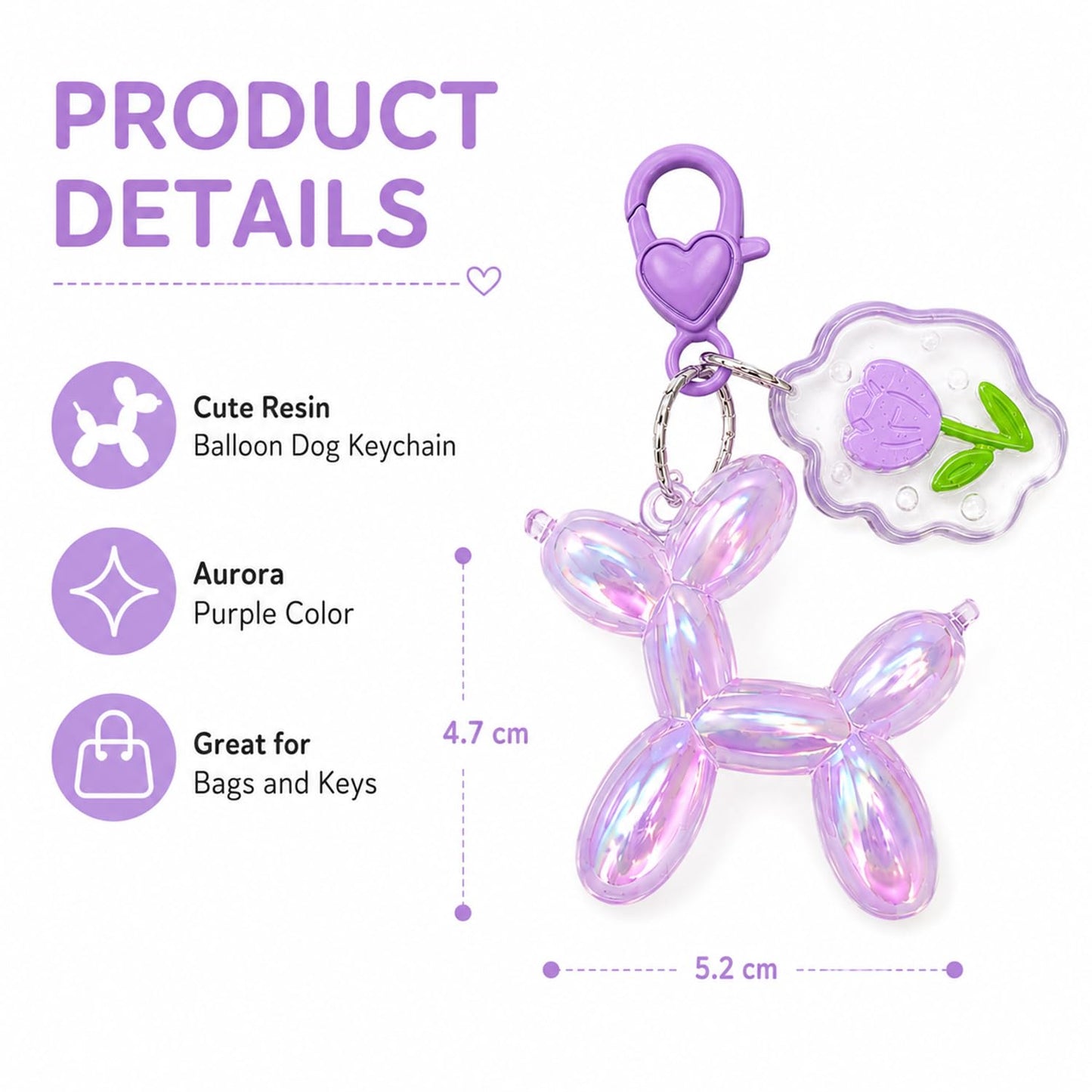S.A.V.I Balloon Dog Keychain Resin Bag Charm Purple Pendant, Aurora Finish, 5.2 x 4.7 cm, Lightweight Accessory for Bags & Keys, Heart Clasp with Floral Charm, Gift for Girls & Women