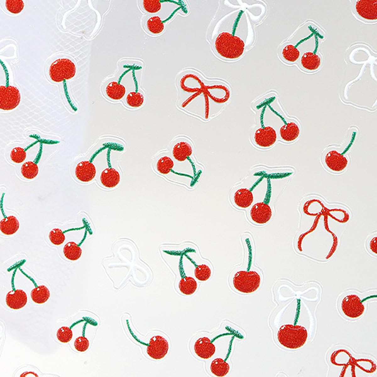 S.A.V.I 2 Sheets - 3D Cherry & Bow Nail Art Stickers | Red & Green Rhinestone Gel Resin Self-Adhesive DIY Decals | for Manicure & Nail Decoration