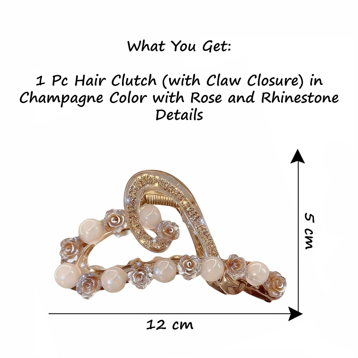 S.A.V.I Champagne Gold Floral Hair Claw Clip for Women, 12 cm Large Acrylic Clutcher with Rose Pearl Beads & Rhinestone, Strong Grip Bun Holder Hair Accessory for Party Daily