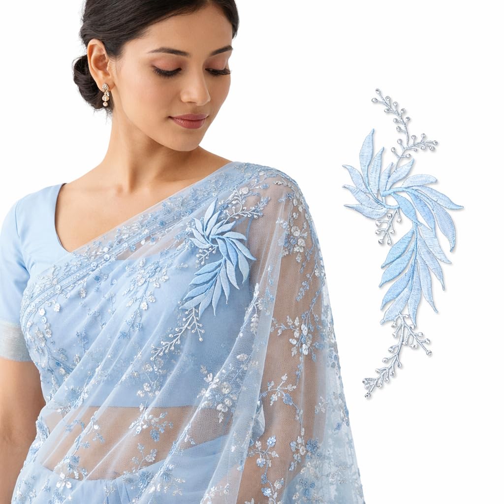 S.A.V.I Blue & Silver Floral Iron-On Embroidered Appliqué Patch 7.5 x 17 cm | Leaf Motif Threadwork Design for Dresses, Sarees, Blouses, DIY Fabric Craft (Right, Blue, 7.5 x 17 cm)
