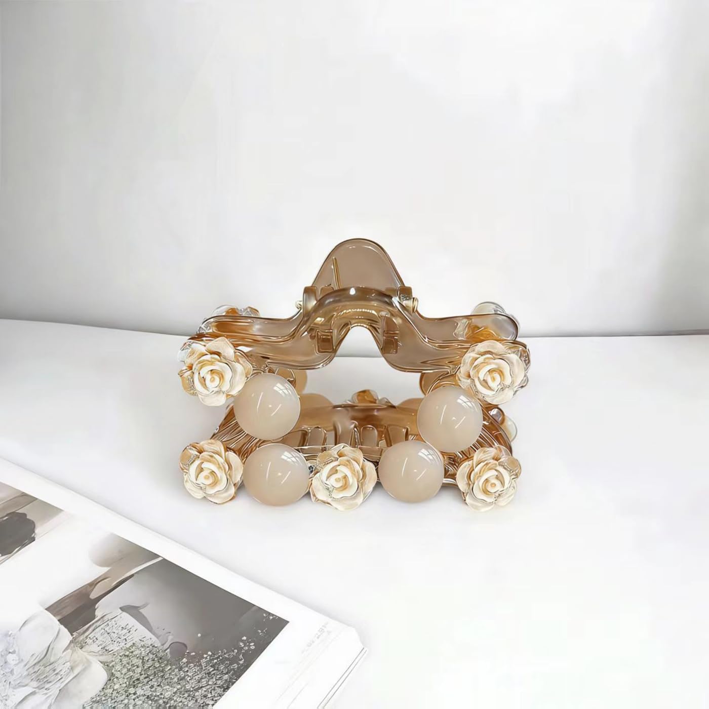 S.A.V.I Women’s Beige Floral Pearl Hair Claw Clip 7 cm | Acrylic Rose Design Clutcher | Elegant Small Star Shape Hair Accessory for Daily, Party Styling & Gifting