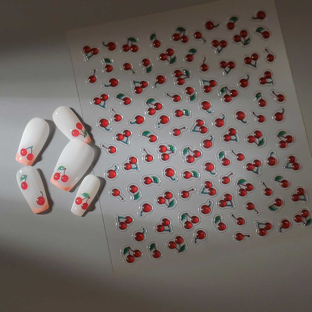 S.A.V.I 1 Sheet - 3D Jelly Cherry Nail Stickers 10x8 cm | Bright Red Cute Fruit Design | Self Adhesive DIY Nail Art Decals | Glossy Resin Manicure Accessories for Women & Girls