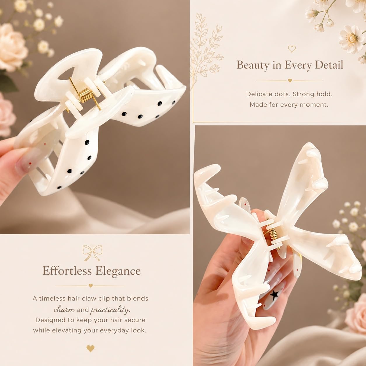 S.A.V.I Resin Hair Claw Clip White Polka Dot Bow 9 cm | Glossy Finish, Secure Hold, Thick & Thin Strands, Half & Full Updos, Lightweight