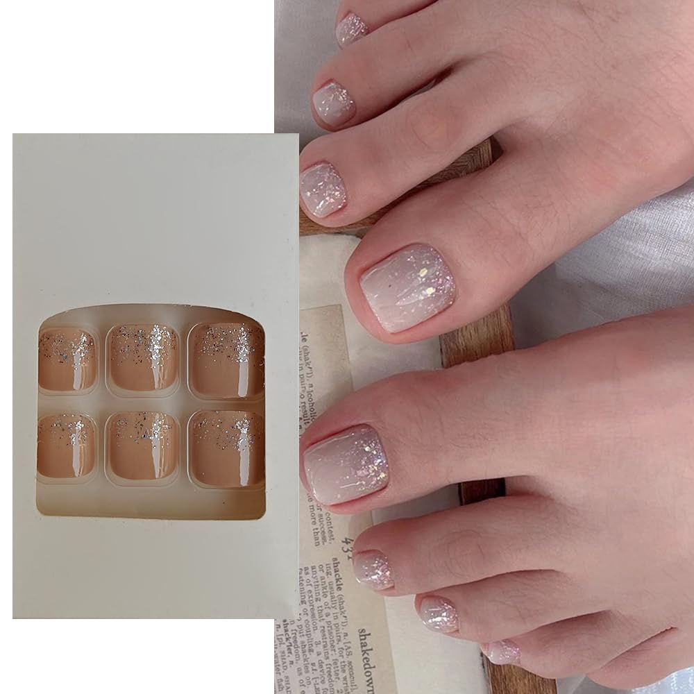 S.A.V.I 24 Pcs Nude Glitter Press-On Toe Nails – Natural Short Square Shape | DIY Instant Pedicure Set for Women | Stylish, Comfortable  Long-Lasting | Perfect for Weddings  Parties