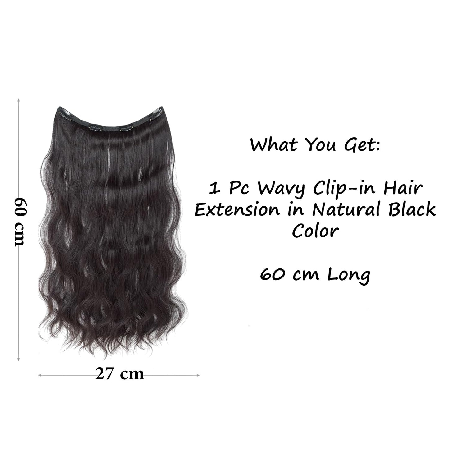 S.A.V.I Natural Black Wavy Clip-In Hair Extension for Women, 60 cm Long & 27 cm Wide, Synthetic Fiber Hairpiece with Strong Snap Clips, Voluminous Curly Long Hair Attachment for Instant Length & Volume